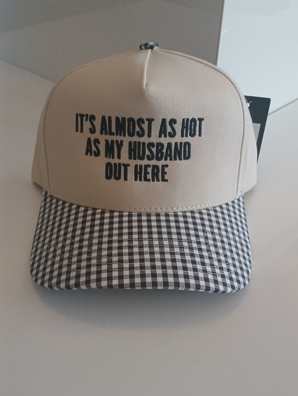 Beige & Black Check 'It's Almost As Hot As My Husband' Trucker Hat